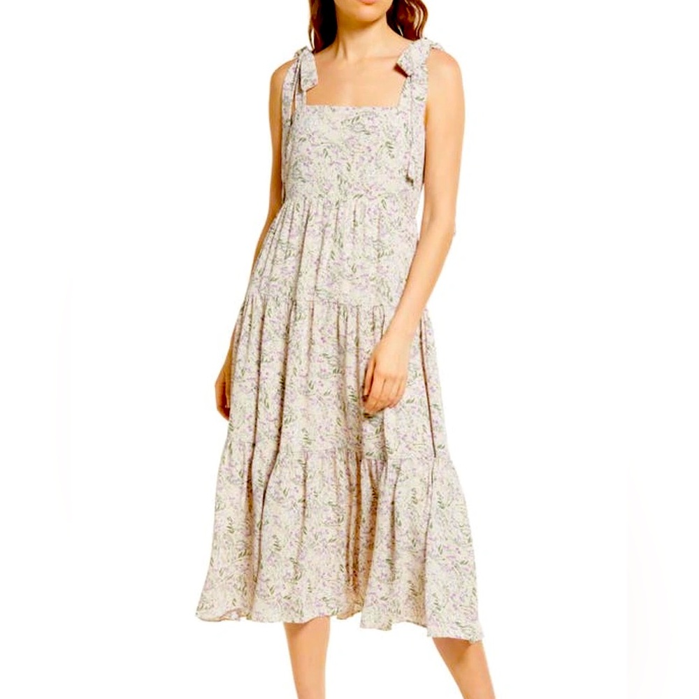 Chelsea28 Floral Tank MIDI Sundress in Taupe-Lavendar Blooms, Size Large